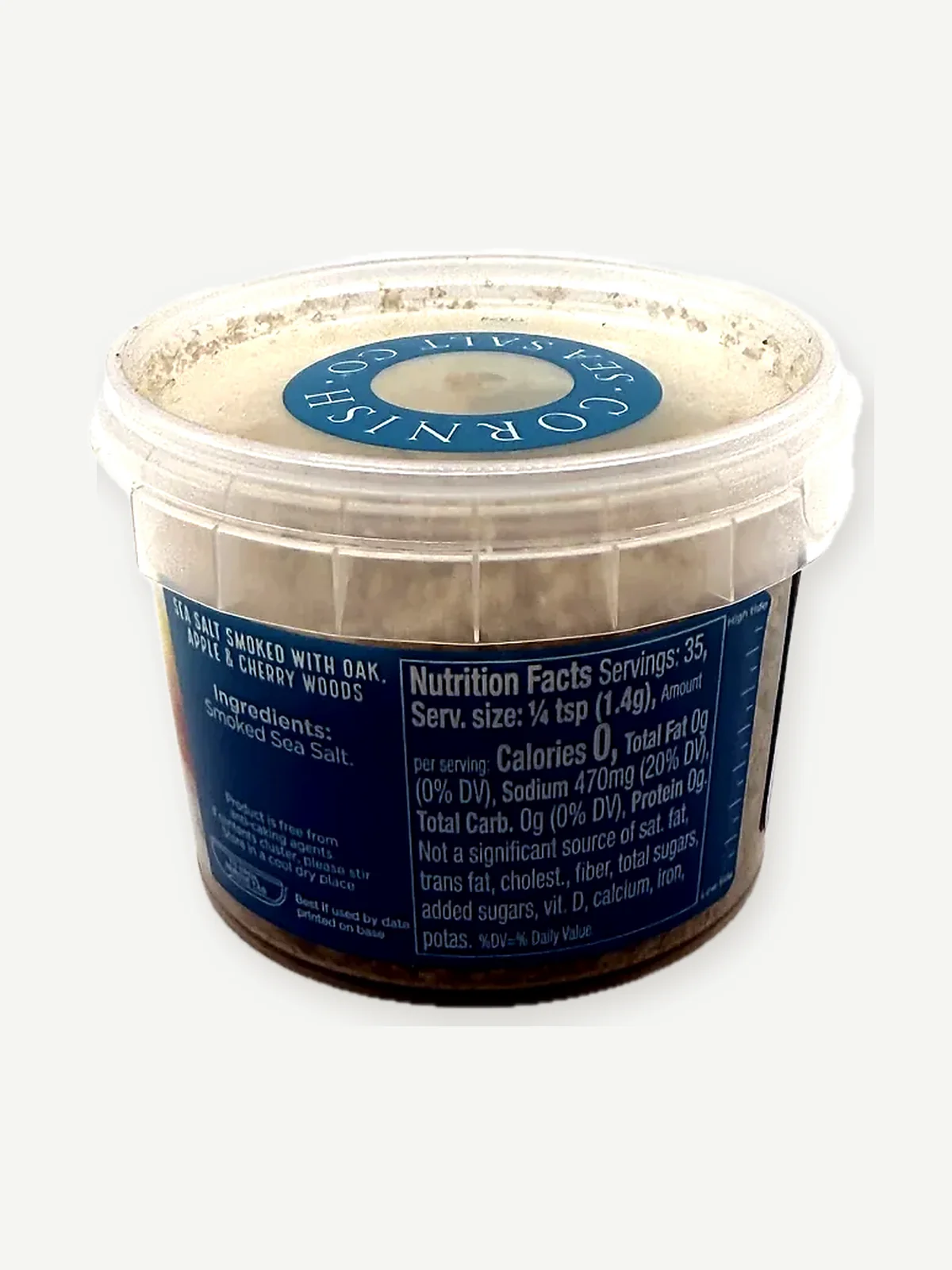 Nutrition Facts panel and single-ingredient list on the side of the Cornish Sea Salt tub