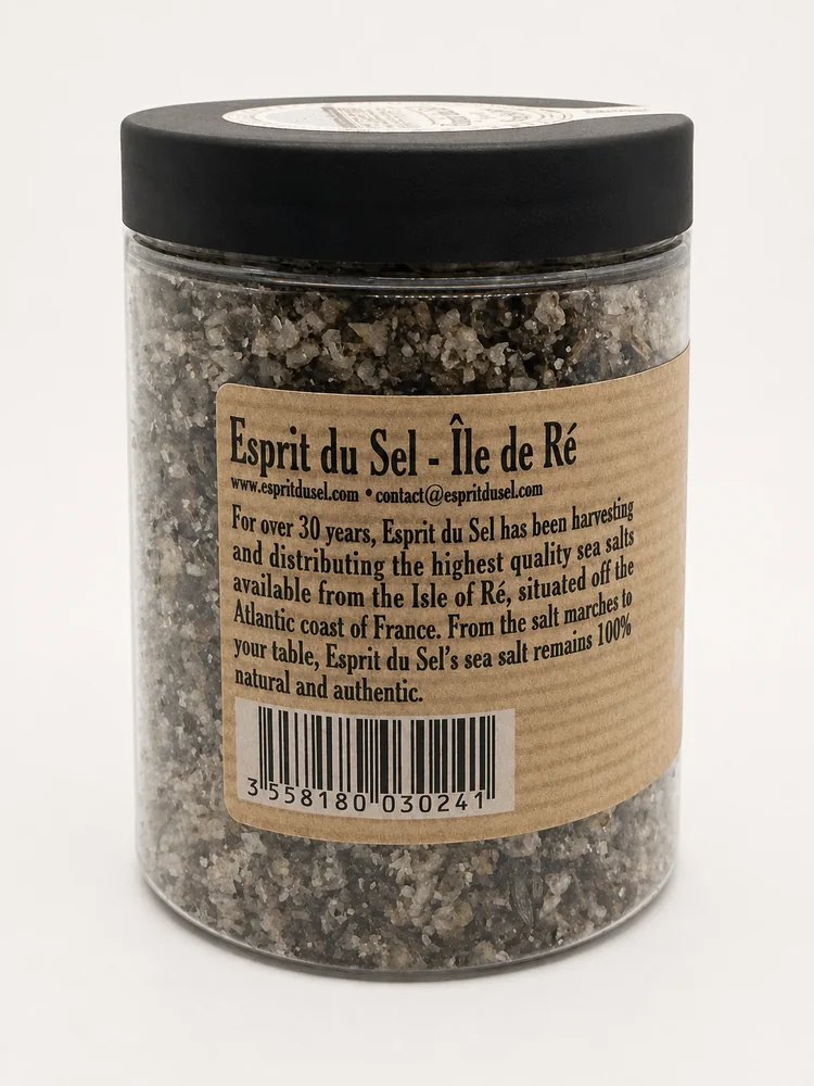Back label of the Esprit du Sel jar with the company story and barcode