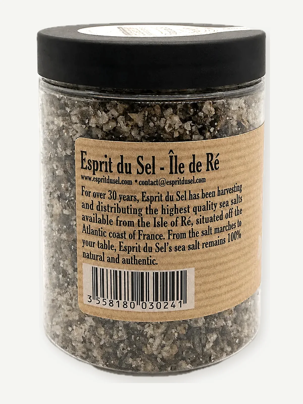 Back label of the Esprit du Sel jar with the company story and barcode