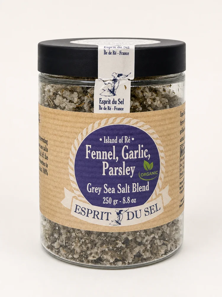 Glass jar of Esprit du Sel Fennel, Garlic, Parsley grey sea salt blend with a kraft label and black lid