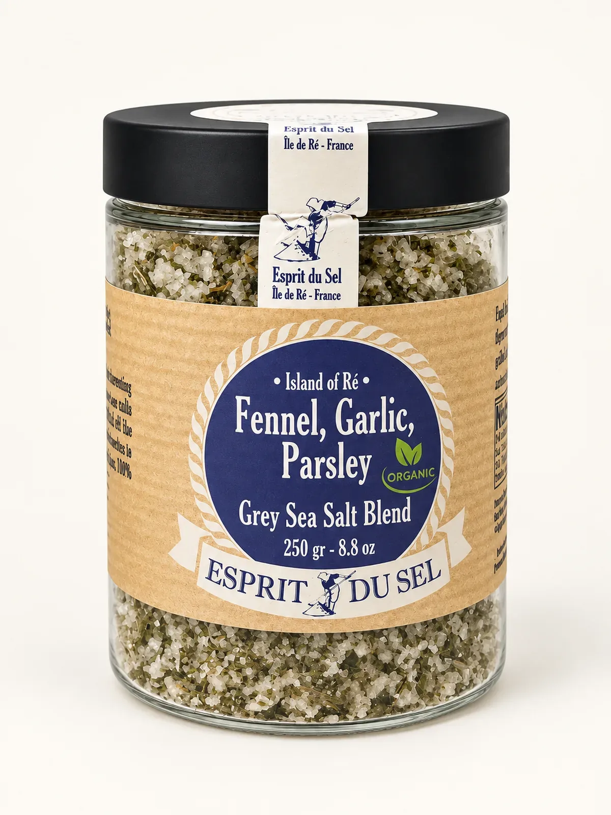 Glass jar of Esprit du Sel Fennel, Garlic, Parsley grey sea salt blend with a kraft label and black lid