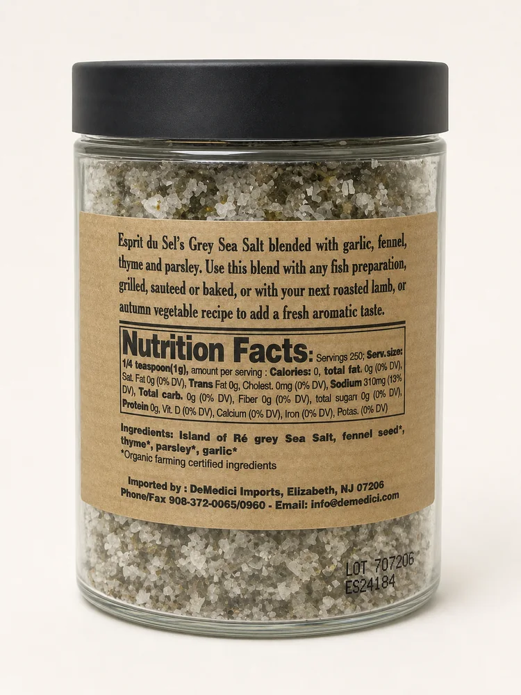 Nutrition Facts panel and ingredient list on the back of the Esprit du Sel jar