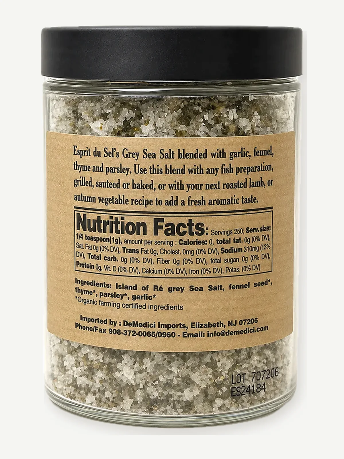 Nutrition Facts panel and ingredient list on the back of the Esprit du Sel jar