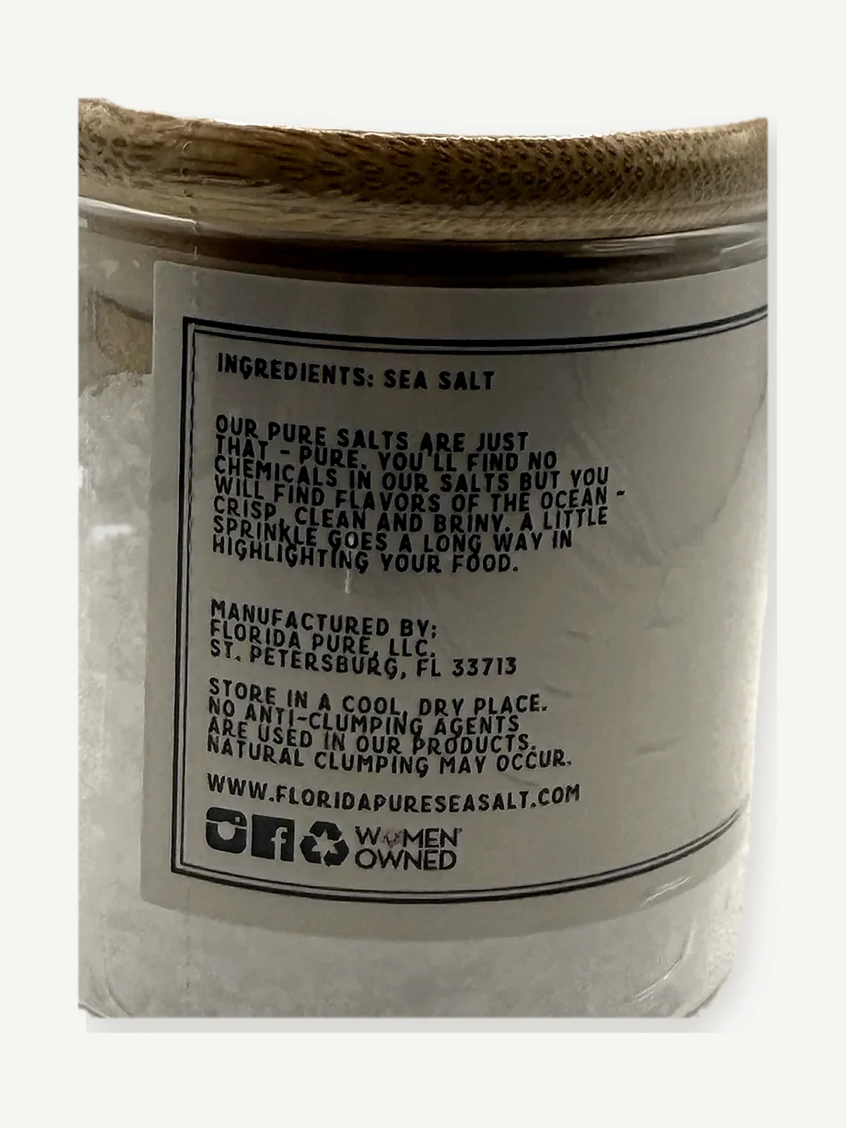 Ingredient, manufacturer and storage panel on the Florida Pure salt jar