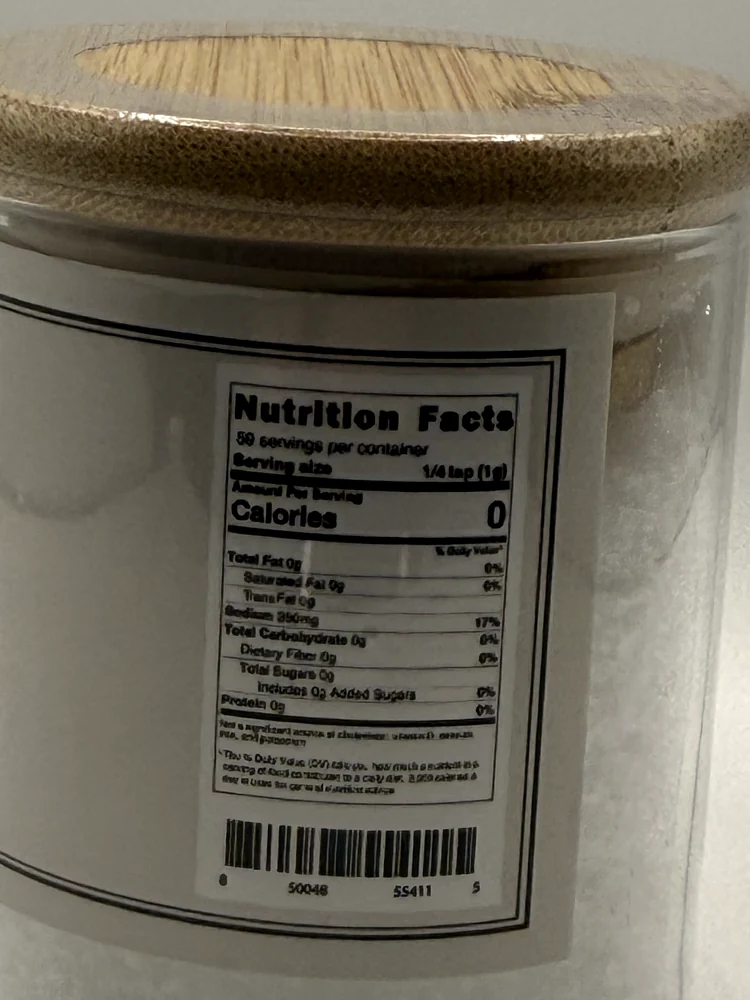 Nutrition Facts panel and barcode on the Florida Pure salt jar