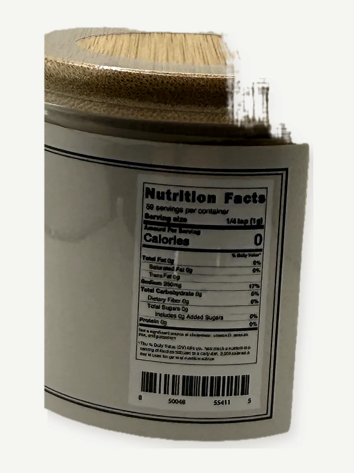 Nutrition Facts panel and barcode on the Florida Pure salt jar