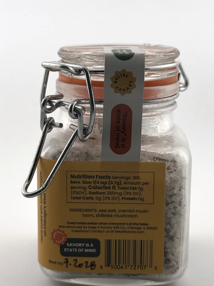 Nutrition Facts, ingredients, manufacturer, barcode and best-by marking on the Keep It Savory jar