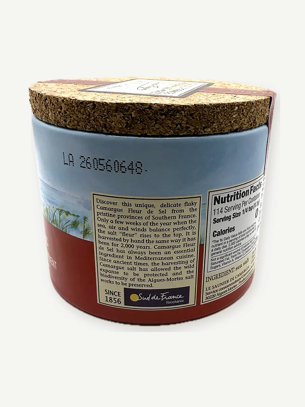 Story panel and printed lot code on the back of the Le Saunier de Camargue drum
