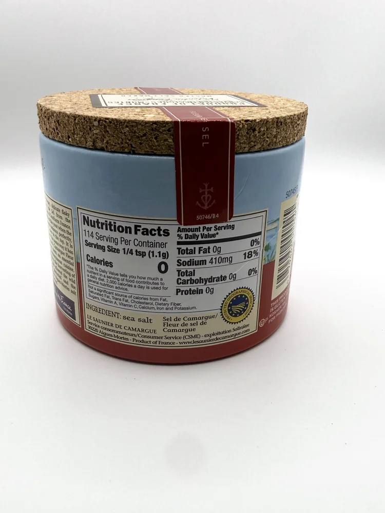 Nutrition Facts panel with the EU Protected Geographical Indication roundel on the Le Saunier de Camargue drum