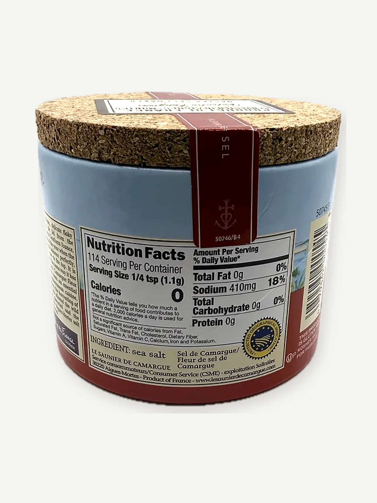 Nutrition Facts panel with the EU Protected Geographical Indication roundel on the Le Saunier de Camargue drum