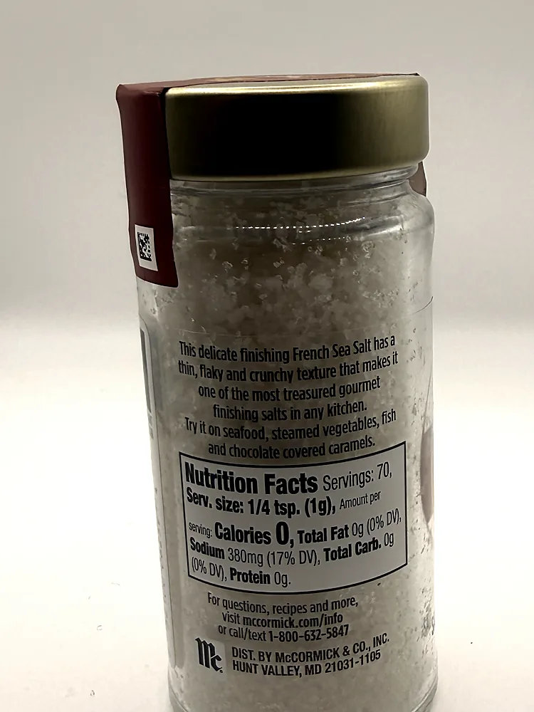 Nutrition Facts and product description on the McCormick Gourmet Fleur de Sel jar