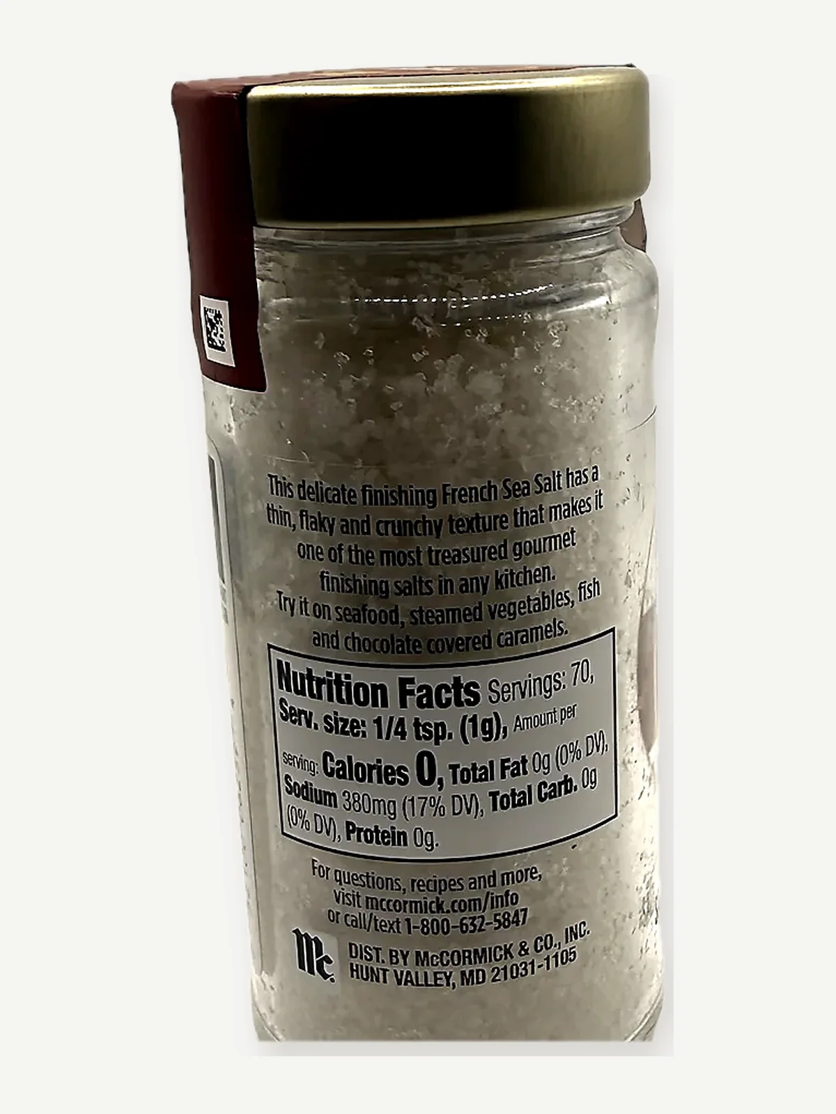 Nutrition Facts and product description on the McCormick Gourmet Fleur de Sel jar