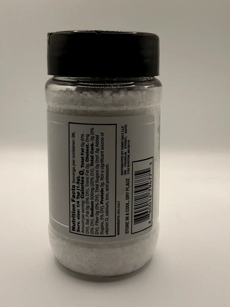 Nutrition Facts, ingredient list, distributor address and barcode on the OSMO salt jar