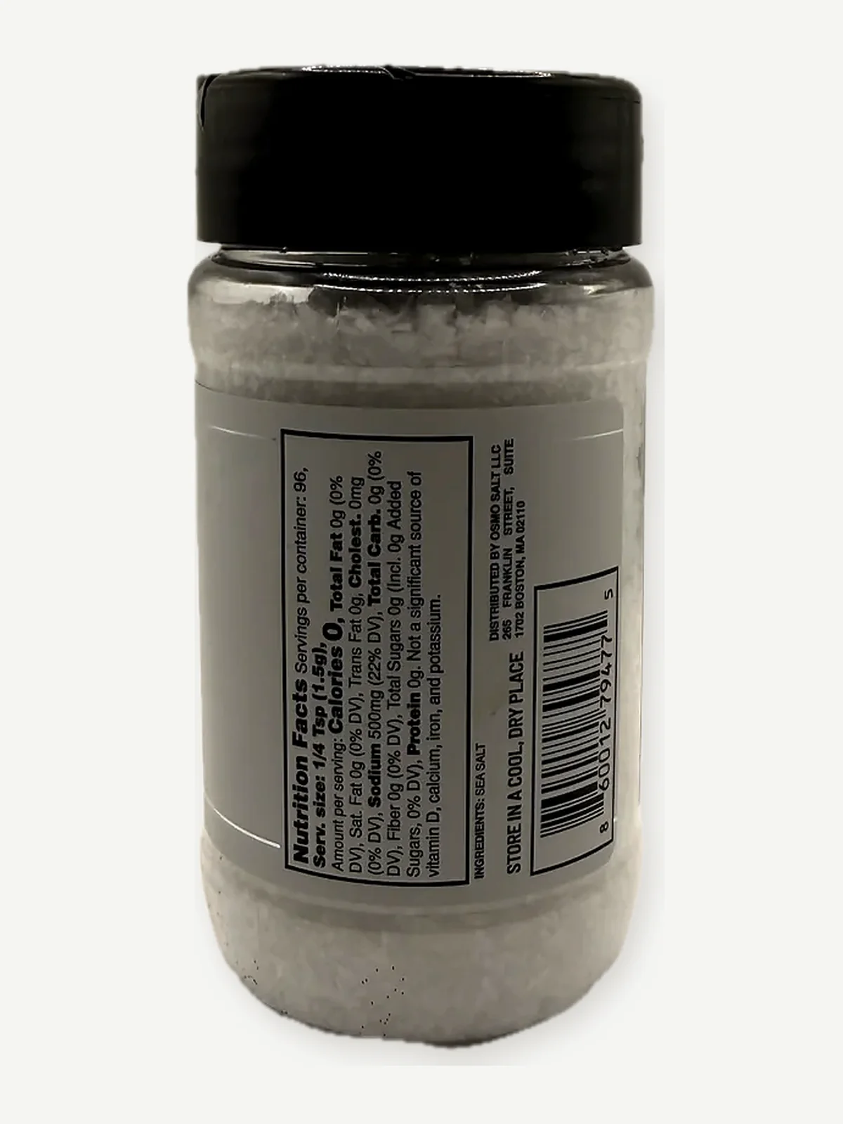 Nutrition Facts, ingredient list, distributor address and barcode on the OSMO salt jar