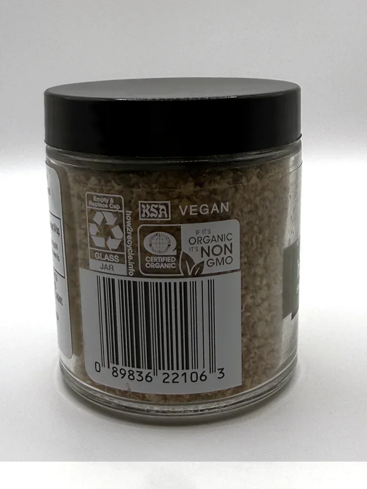 Barcode, USDA organic, non-GMO and vegan marks on the back of the Simply Organic jar