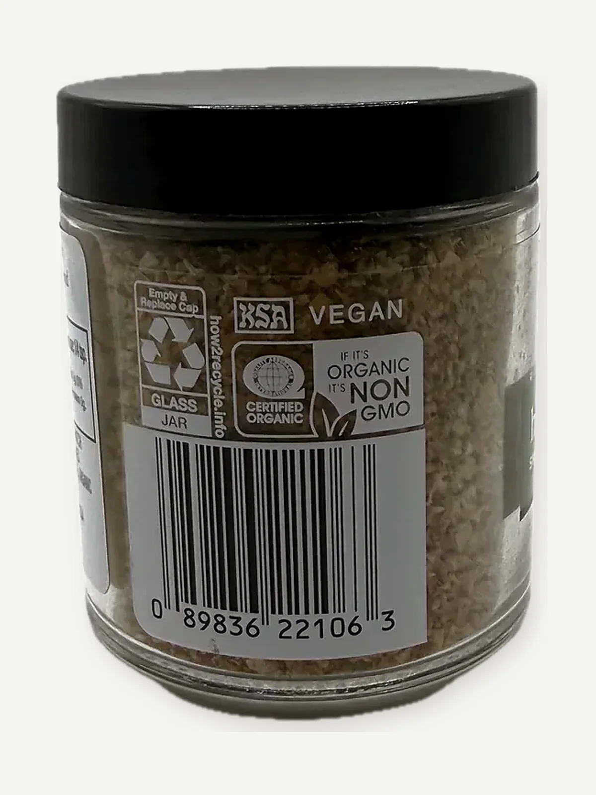 Barcode, USDA organic, non-GMO and vegan marks on the back of the Simply Organic jar