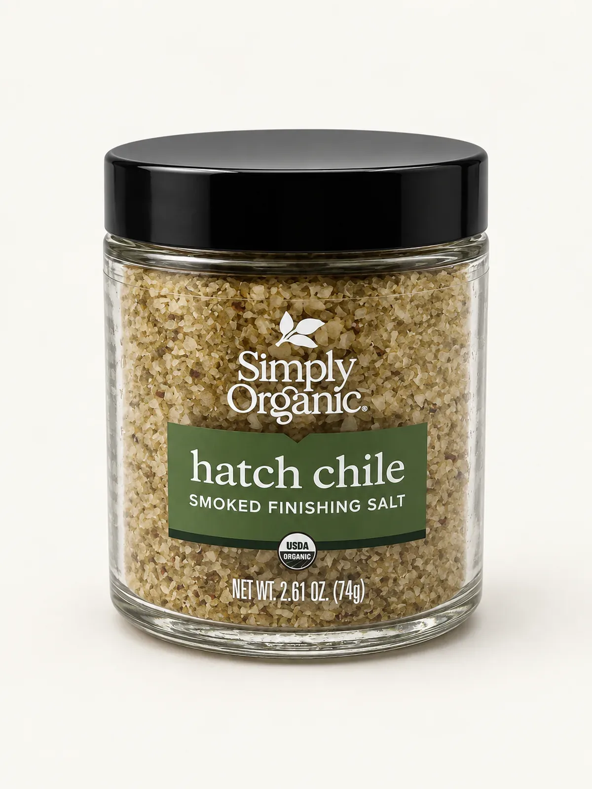 Small glass jar of Simply Organic Hatch Chile Smoked Finishing Salt with a black lid and green label