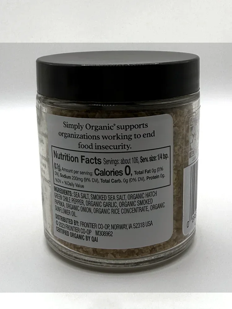Nutrition Facts panel and eight-item ingredient list on the Simply Organic jar