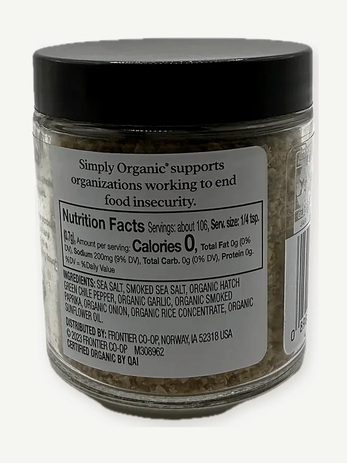 Nutrition Facts panel and eight-item ingredient list on the Simply Organic jar