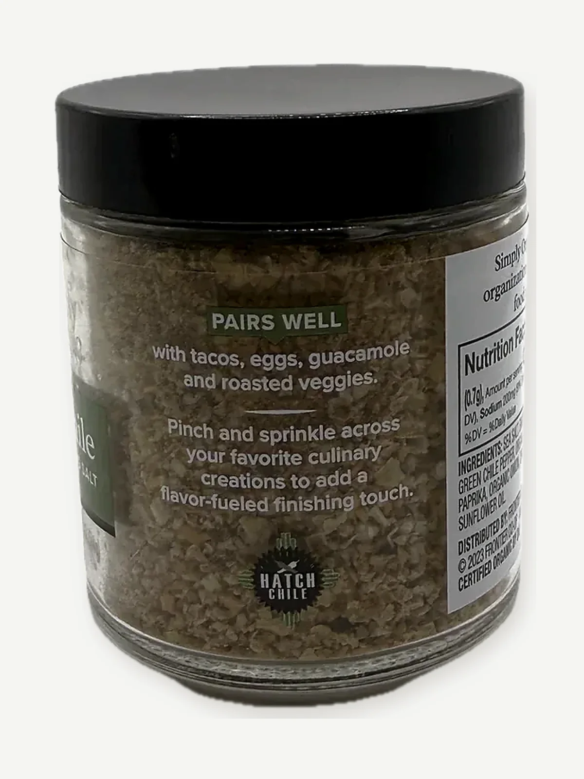 Side panel of the jar reading Pairs well with tacos, eggs, guacamole and roasted veggies