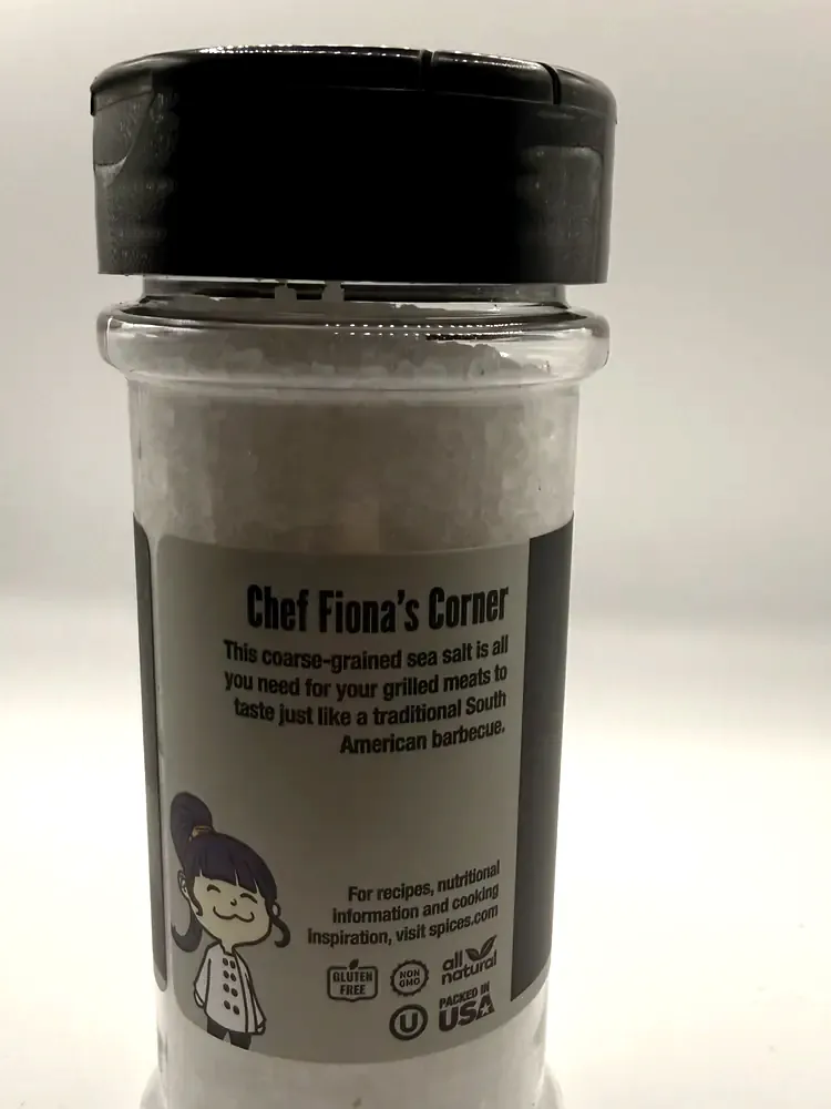 Chef Fiona claim panel and certification marks on The Spice Lab Grilling Sea Salt jar