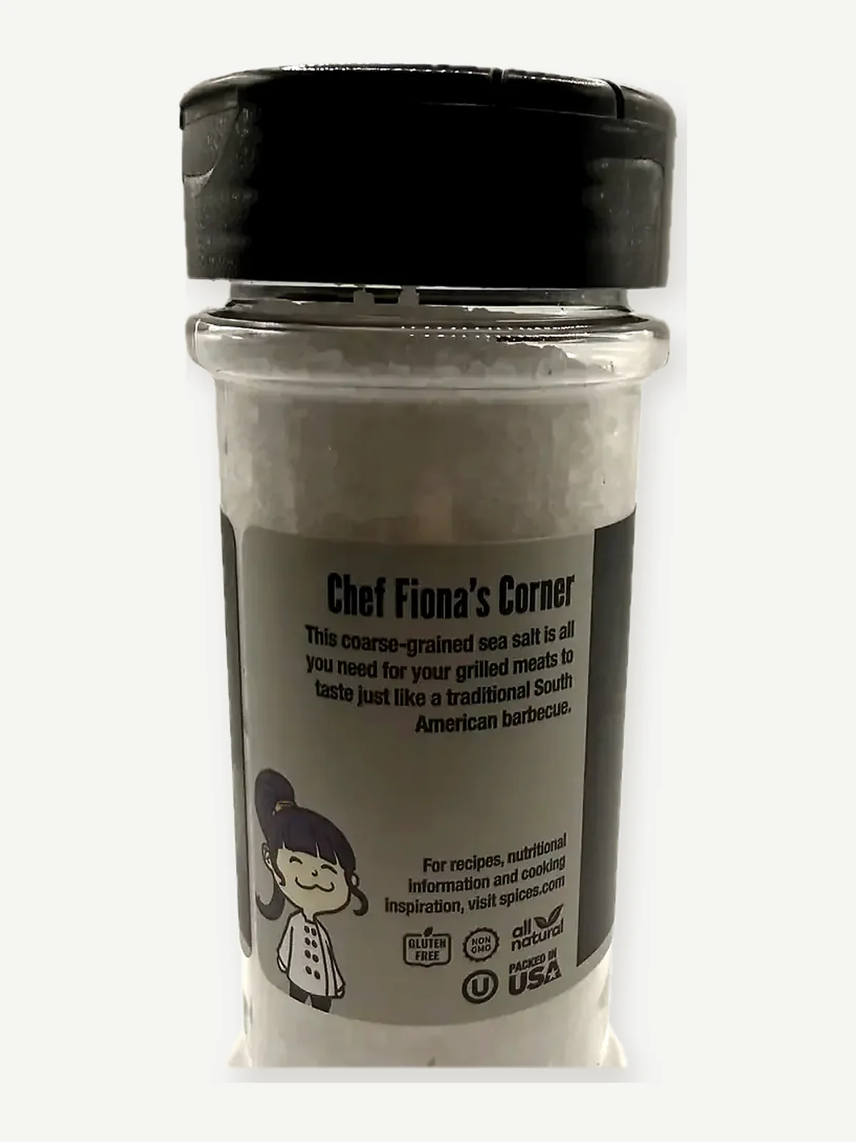 Chef Fiona claim panel and certification marks on The Spice Lab Grilling Sea Salt jar
