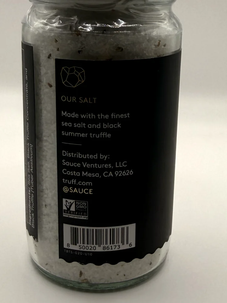 Distributor statement, Non-GMO mark, barcode and printed code on the TRUFF salt jar