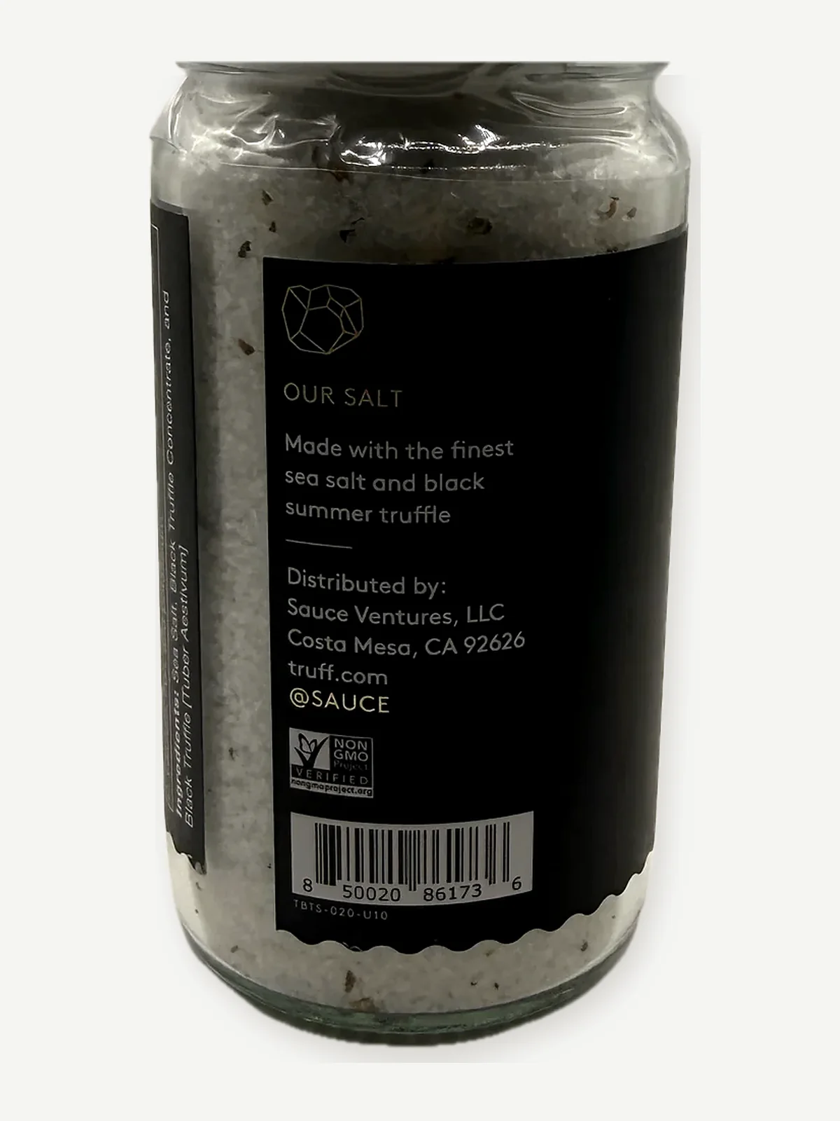 Distributor statement, Non-GMO mark, barcode and printed code on the TRUFF salt jar