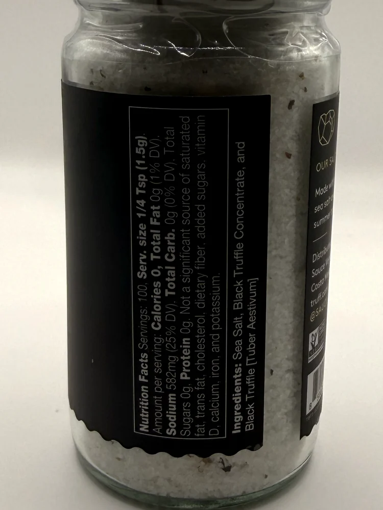 Nutrition Facts and three-item ingredient list on the TRUFF salt jar