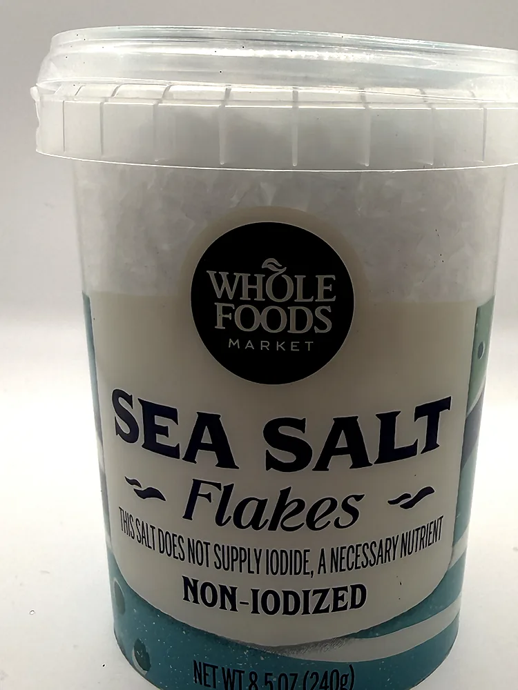 Tub of Whole Foods Market non-iodized Sea Salt Flakes