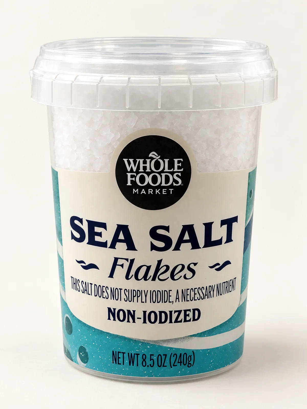 Tub of Whole Foods Market non-iodized Sea Salt Flakes