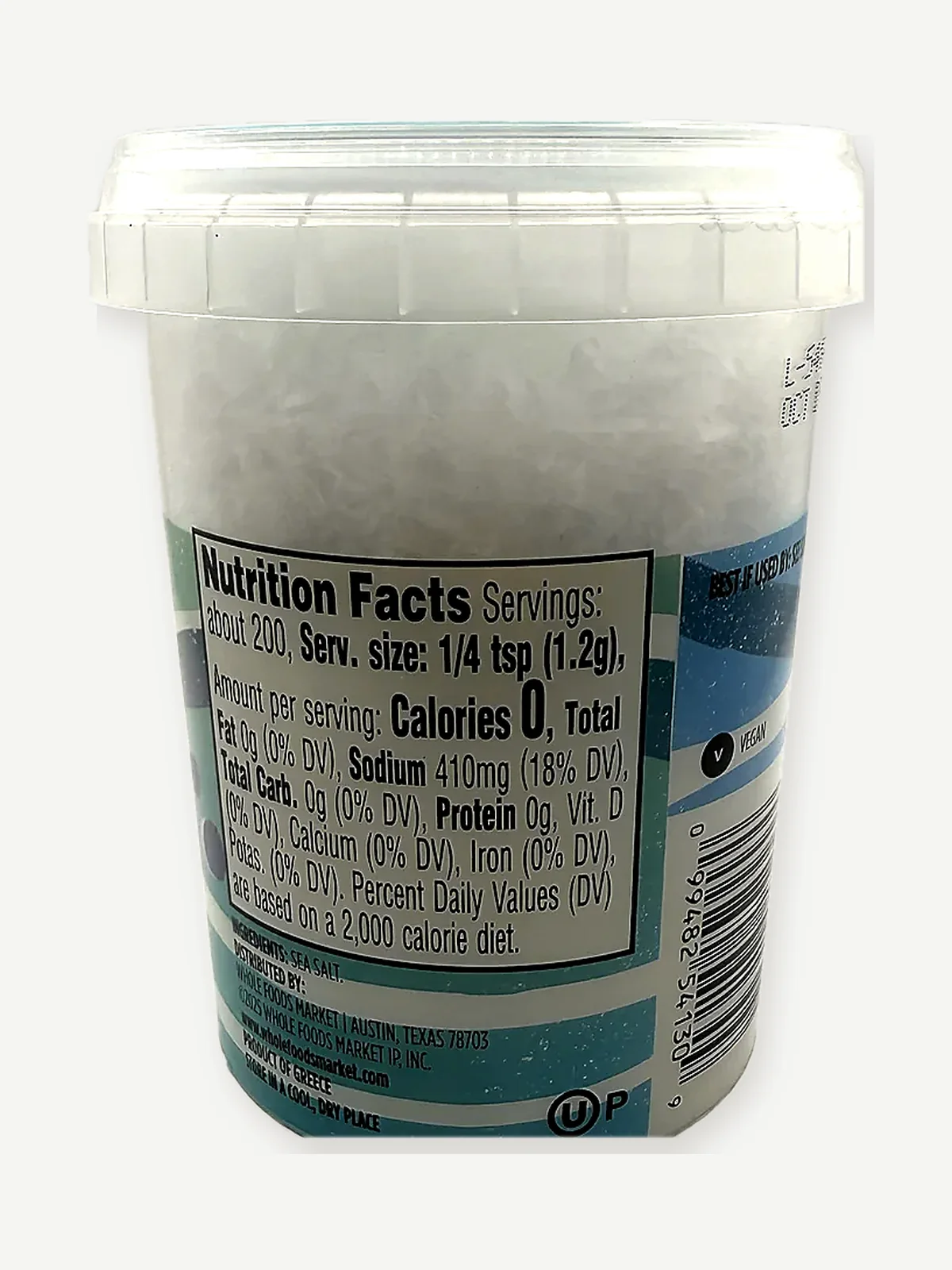 Nutrition Facts, ingredients, Greek origin, distributor and barcode on Whole Foods Sea Salt Flakes