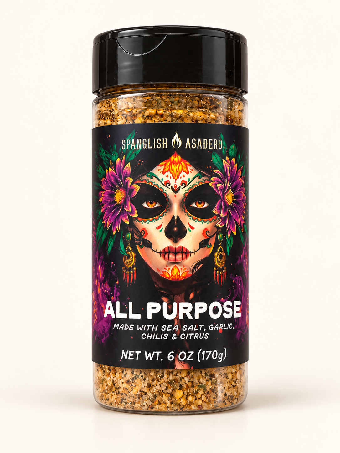 Spanglish Asadero All Purpose 6 oz seasoning jar with black cap and colorful skull portrait label, cleaned presentation