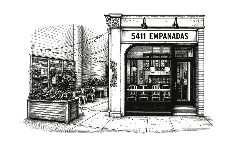 Pen-and-ink drawing of the 5411 Empanadas storefront