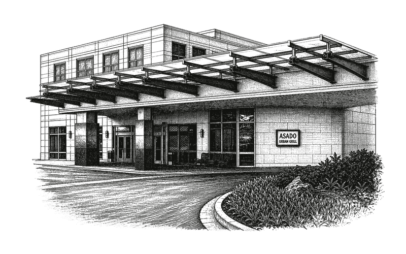 Pen-and-ink drawing of the Asado Urban Grill storefront