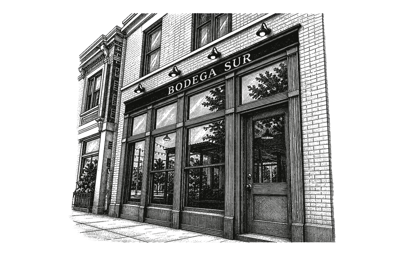 Pen-and-ink drawing of the Bodega Sur storefront