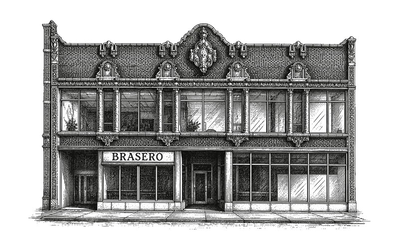 Pen-and-ink drawing of the Brasero storefront