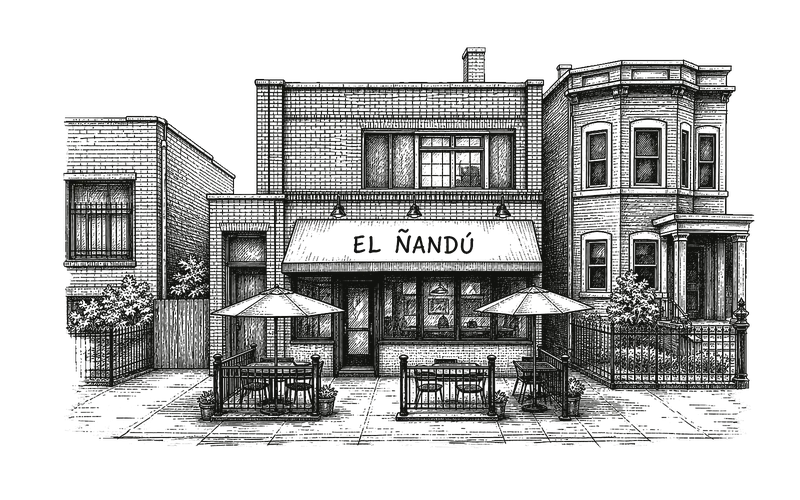 Pen-and-ink drawing of the El Nandu storefront