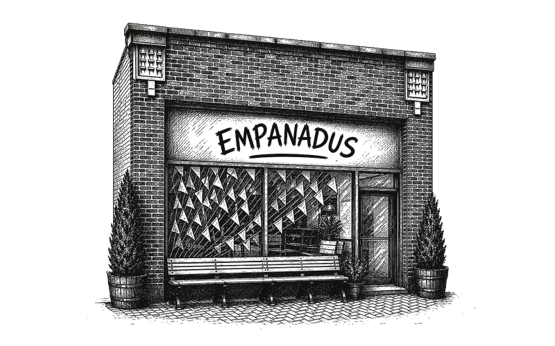 Pen-and-ink drawing of the EMPANADUS storefront
