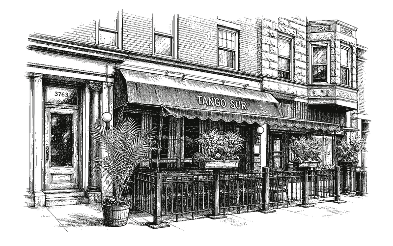 Pen-and-ink drawing of the Tango Sur storefront