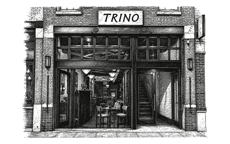 Pen-and-ink drawing of the Trino Steakhouse storefront