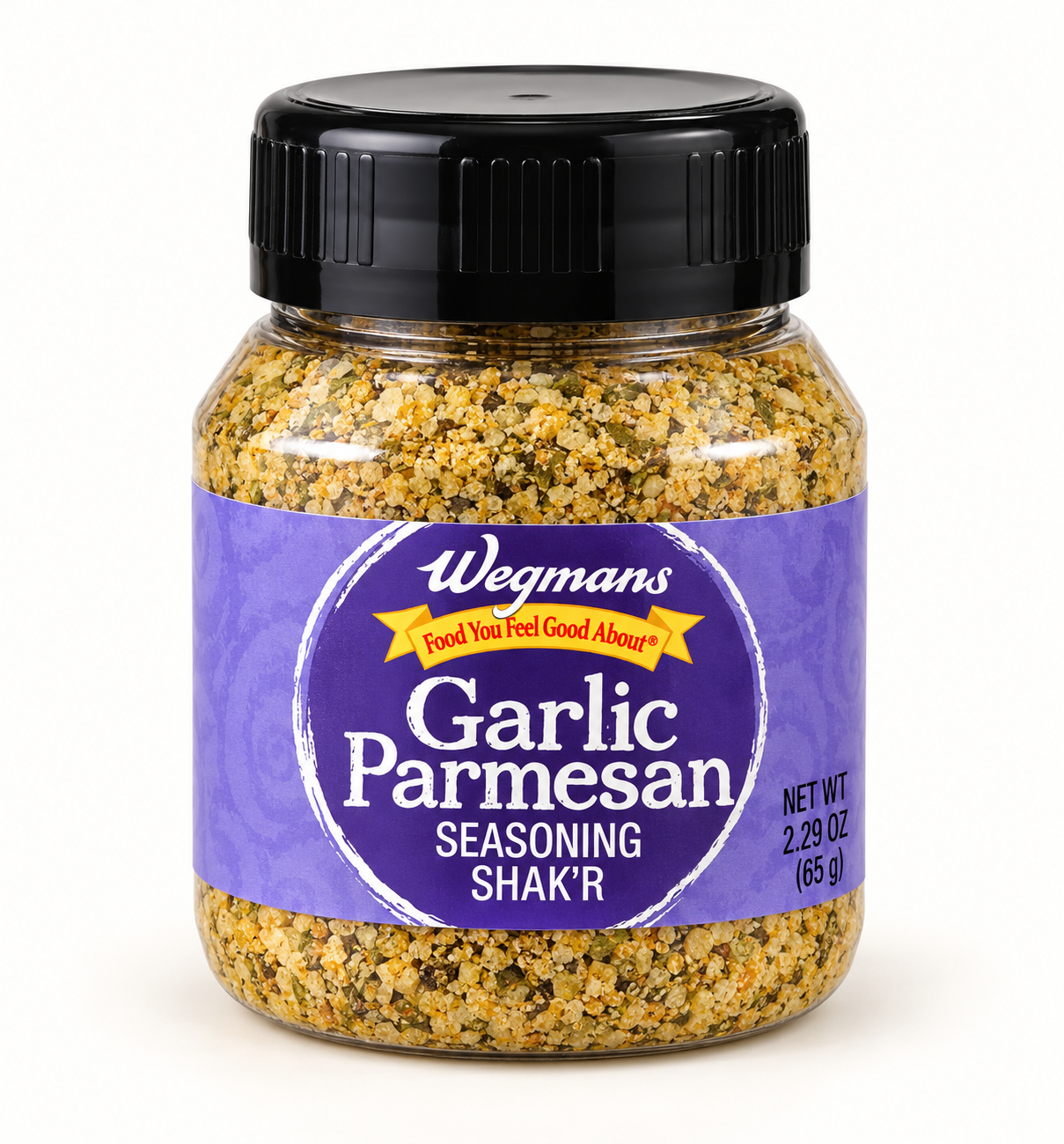 AI-cleaned presentation of Wegmans Garlic Parmesan 2.29 oz jar with purple label and black cap
