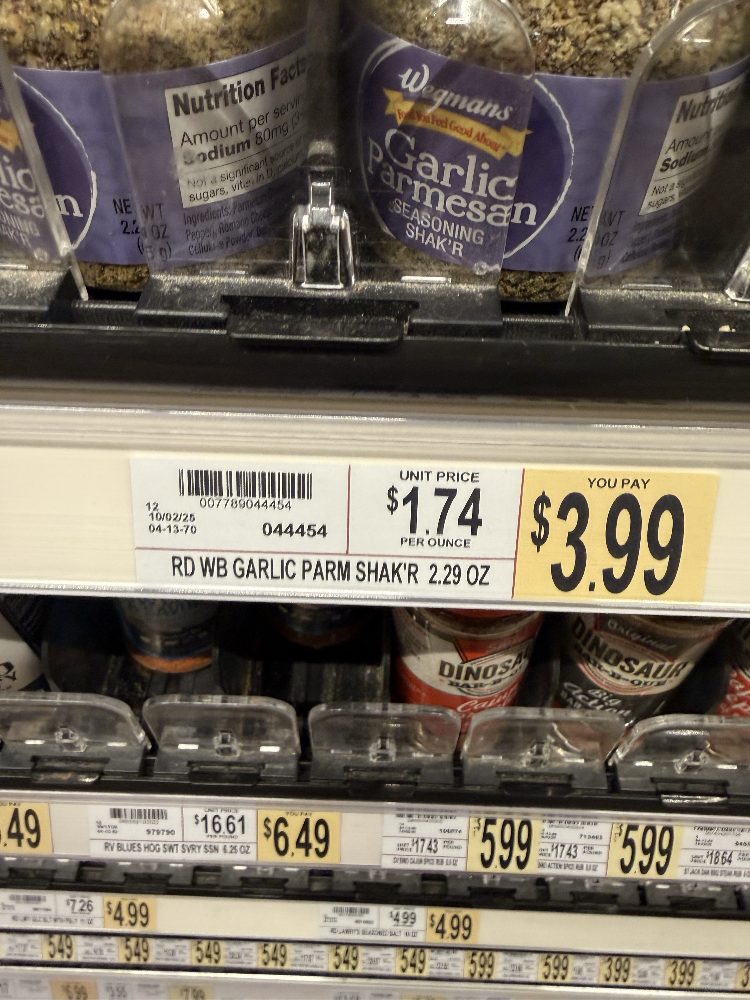 Wegmans Garlic Parmesan Seasoning Shak’r shelf and matching $3.99 tag