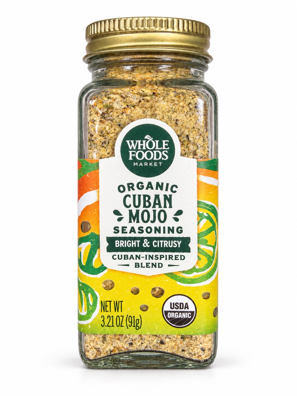 Whole Foods Market Organic Cuban Mojo Seasoning 91 g glass jar with gold lid and citrus label