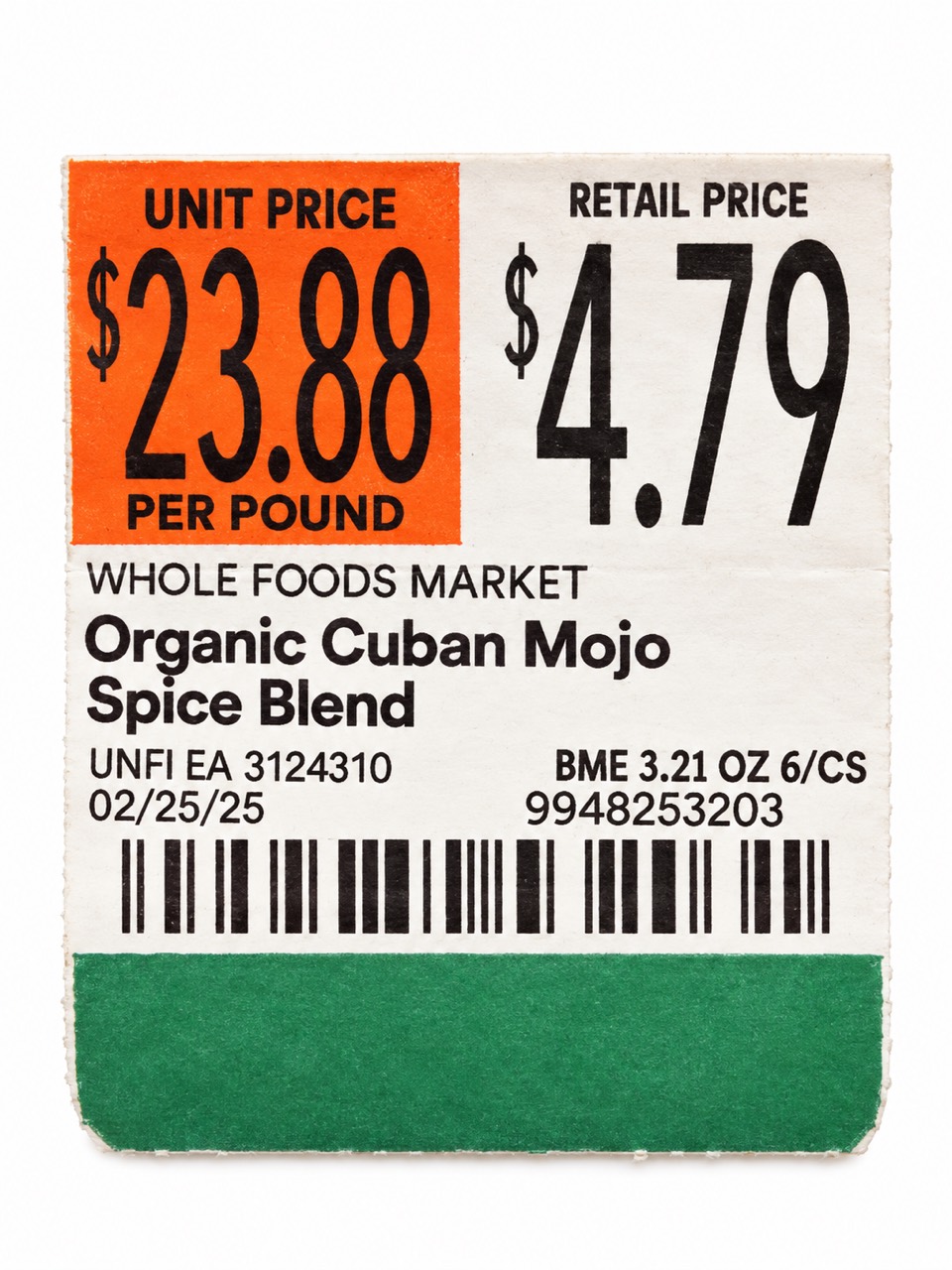 Organic Cuban Mojo 3.21 oz shelf tag showing $4.79 and $23.88 per pound
