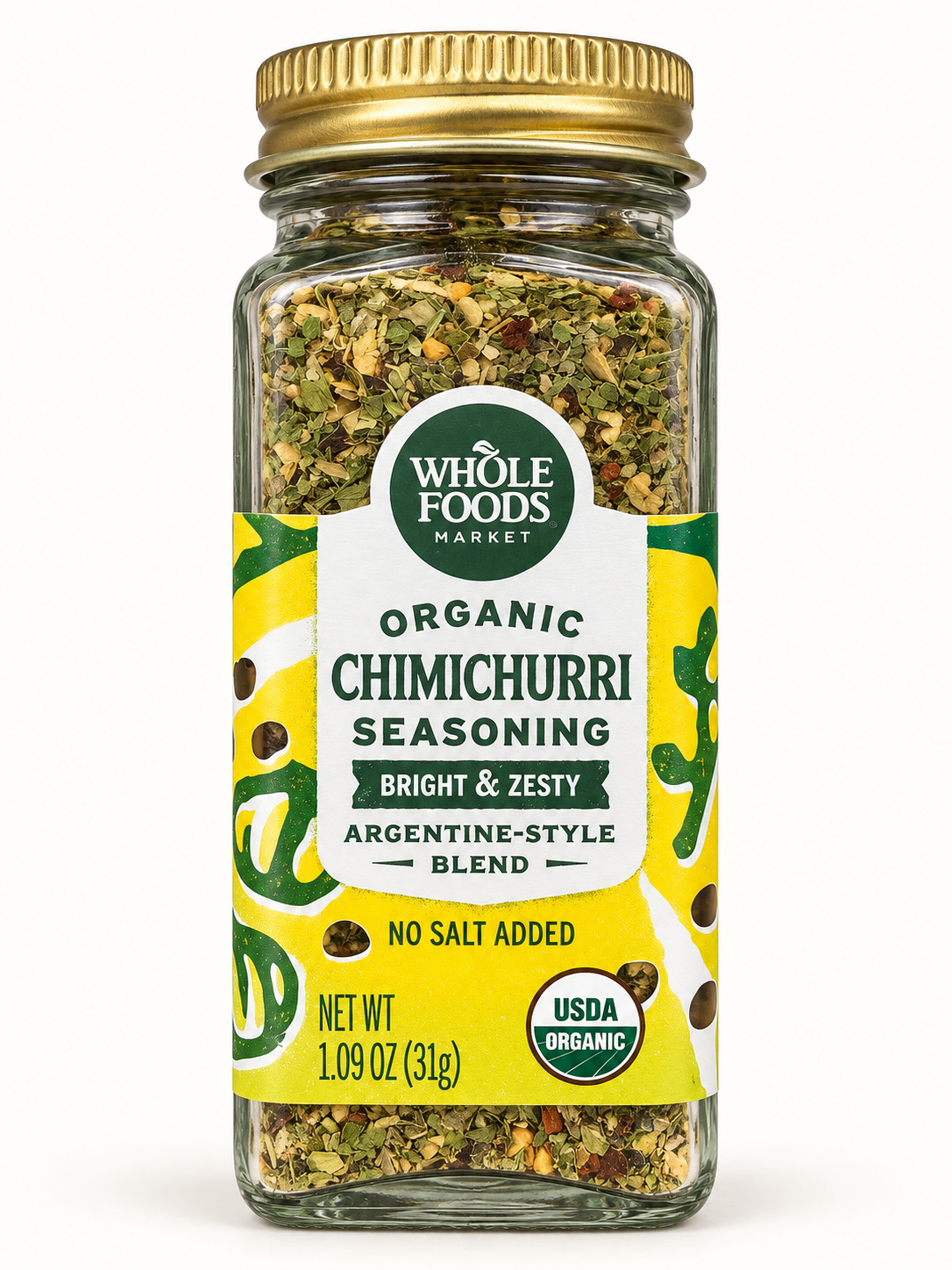 Whole Foods Market Organic Chimichurri Seasoning in a glass jar with gold lid and yellow-green label, cleaned presentation