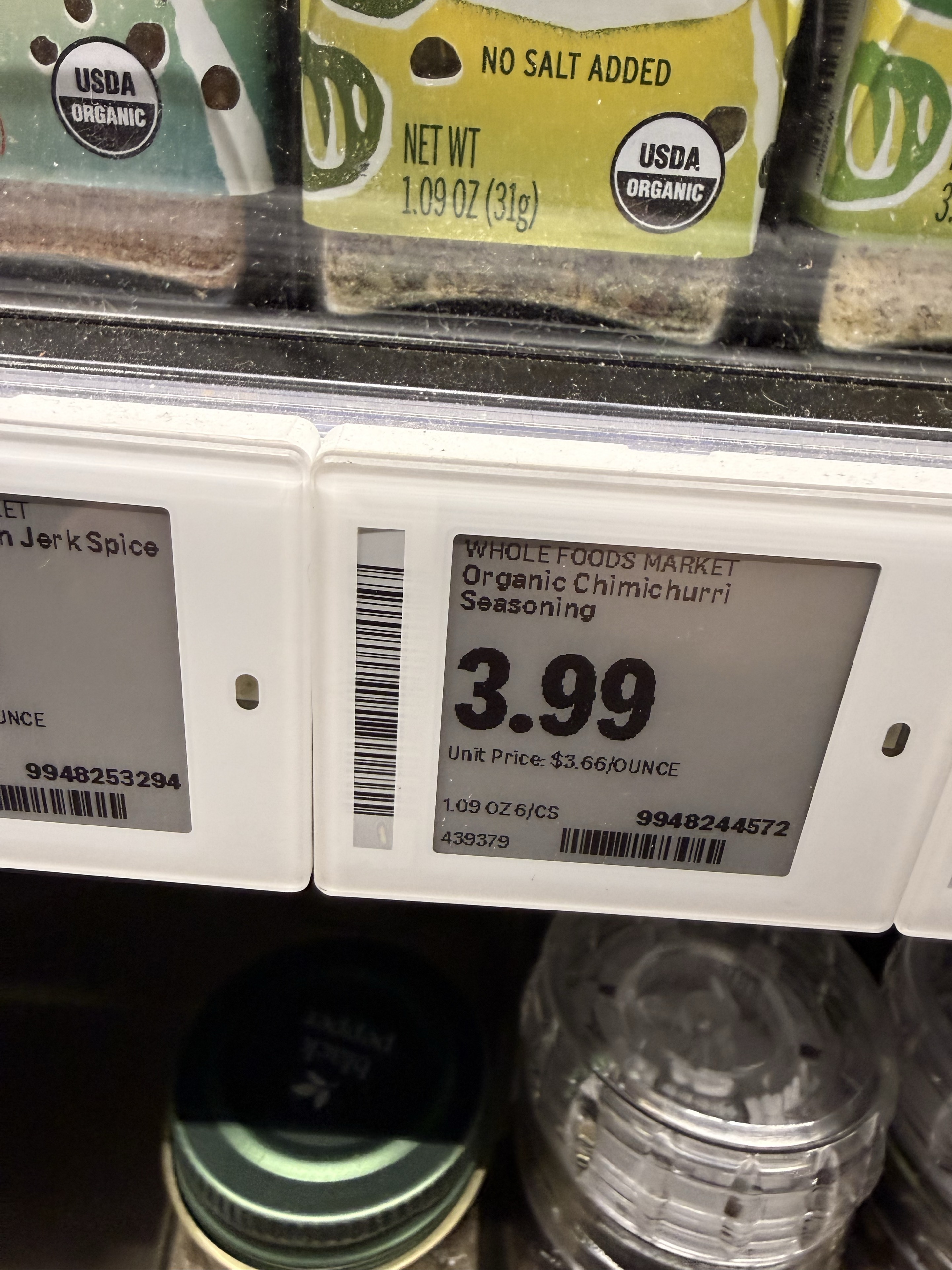 Matching Organic Chimichurri Seasoning 1.09 oz shelf tag showing $3.99 and $3.66 per ounce